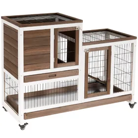 Comparer les prix de Maisonnette pour lapin à deux étages Cage pour animal de compagnie avec roues Marron