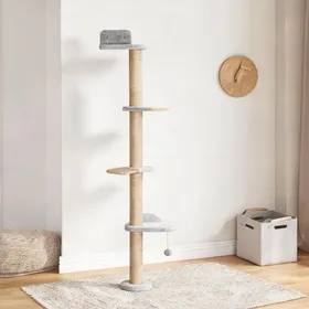 Meilleurs prix pour Parcours mural pour chat gris clair 180 cm en panneau de particules avec griffoir en jute et jouet suspendu