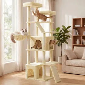 Meilleurs prix pour Grand Arbre à Chat Hauteur 185 cm Griffoir Robuste pour Chats d’Intérieur Tissu Peluche Beige