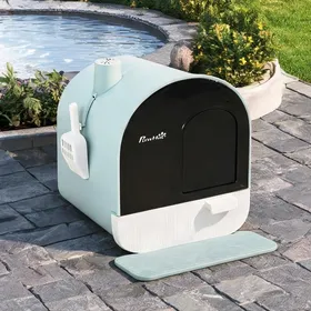 Meilleurs prix pour Bac à litière fermé rectangulaire en plastique riche vert avec couvercle filtrant tapis de propreté et pelle 43 x 44 x 47 cm