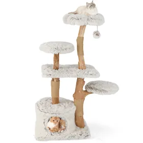 Comparer les prix de CostwayArbre à Chat Moderne Tour pour Chat en Bois Naturel de 135 cm de Haut avec Poteaux à Gratter en Jute Perchoir en Peluche Condo