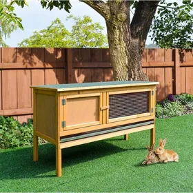 Meilleurs prix pour Clapier en bois sur pieds pour lapin avec toit ouvrant 2 portes bac amovible 115 x 44 3 x 65 cm jaune ORVRYN