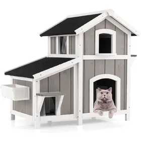 Comparer les prix de CostwayMaison pour Chat d'Extérieur 2 Etages en Bois avec Portes Rideaux en PVC Toit en Asphalte Résistant aux Intempéries Jardinière Gris