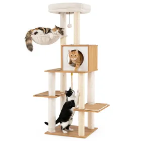 Comparer les prix de CostwayArbre à Chat Moderne de 148 cm d'Intérieur avec Poteaux à Gratter en Sisal Condo Large Perchoir Panier Jouet Tapis Coussins Lavables Naturel