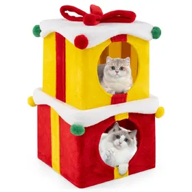 Comparer les prix de COSTWAY Arbre à Chat à 2 Niveaux de Noël, 2 Condos Empilables en Tissu Peluche, Combinaison DIY, Forme de Paquets Cadeaux avec Nœud