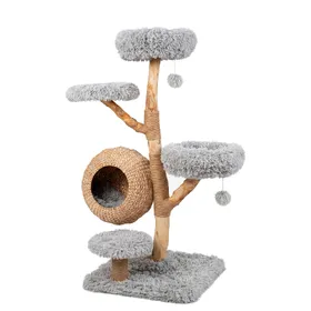 Meilleurs prix pour CostwayArbre a Chat en Bois Massif Poirier 137 cm Tour pour Chat 5 Niveaux Niche Tressée Coussins Doux Amovibles Centre d'Activité XXL Stable Gris