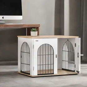 Meilleurs prix pour Cage pour chien intérieure 80x56x59 cm – Meuble arche double porte blanc en panneau - Blanc Panneau de Particules Métal 80 x 56 x