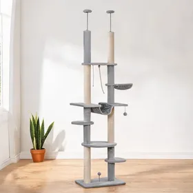 Comparer les prix de Arbre à chat en aggloméré de bois gris clair hauteur réglable 225 à 255 cm fixation sol-plafond
