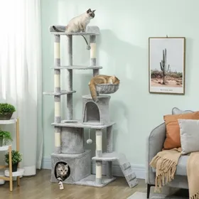 Meilleurs prix pour Arbre à chat design 170 cm avec tunnel grottes et large base stable - Poteaux en sisal couleur gris clair dimensions 60x40x170 cm