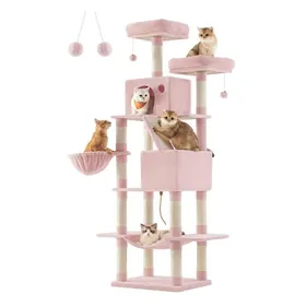 Meilleurs prix pour Arbre à Chat, Hauteur 206 cm, avec 13 Griffoirs, 2 Plate-forme, 2 Niches, Panier, Hamac, Pompon, Rose Bonbon