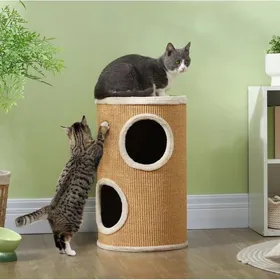 Comparer les prix de Tonneau à chat avec griffoir en sisal peluche douce marron et beige Ø35 x 60 cm sans montage