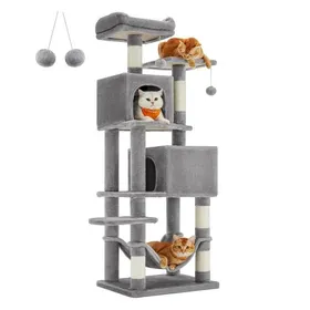 Comparer les prix de Arbre à Chat 155 cm de Hauteur Tissu Peluche Multi-Niveaux Gris Clair