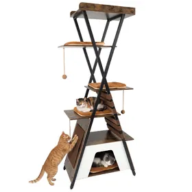 Comparer les prix de CostwayArbre à Chat Haut avec Planches à Griffer Niche Plateforme Tapis Lavables 3 Pompons Multi-Niveaux Structure Métallique 185 CM Café