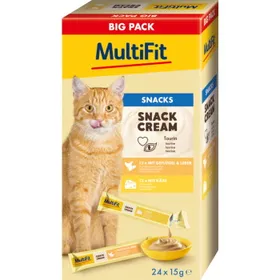 Comparer les prix de MultiFit Crème Snack Chat 24 x 15 g Grand Pack 2 Saveurs Geflügelleber und Käse