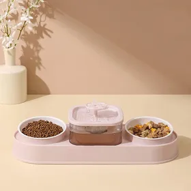 Meilleurs prix pour Bol de nourriture pour chat mangeoire automatique pour animaux de compagnie distributeur d'eau chien chat récipient de nourriture plat à boire anti-dérapant Double bol beige