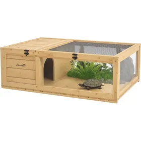 Meilleurs prix pour Enclos Tortue Terre Modulable 2 Zones Maison Bois Toit Ouvrable Abri Reptile Intérieur/Extérieur Cage Tortue 91x605x32 cm