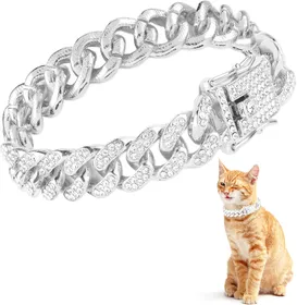 Comparer les prix de Accessoires de Bijoux de Mode Chaîne Cubaine Dorée Collier pour Chat Collier pour Chaton Chat en Cristal Strass de Luxe Pour Chats M argenté