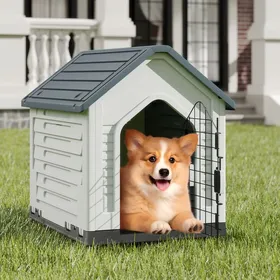 Comparer les prix de Maison Pour Animaux Costway, Porte Verrouillable, Abri Pour Chien Avec Aérations Et Toit Incliné, Pour Intérieur Extérieur, Gris