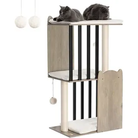 Comparer les prix de Arbre à chat - PAPECO - 3 niveaux 111 cm - 3 grandes plateformes 60x40 cm - 2 poteaux sisal - Grège
