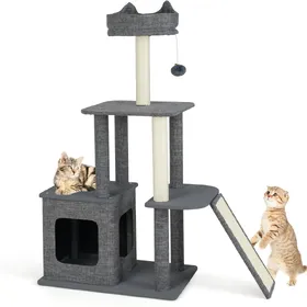Meilleurs prix pour Costway117 CM Arbre à Chat avec Poteaux à Griffer et Rampe en Sisal Condo Perchoir Rembourré Jouets Suspendus Plateforme de Saut Gris