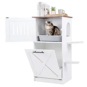 Comparer les prix de CostwayMaison de Toilette Chat en Bois  avec Armoire de Rangement Rabattable 2 Tapis à Griffer en Sisal 2 Plateformes de Saut 84 x 45 x 115cm Blanc