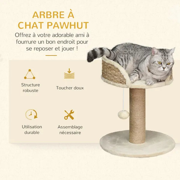 Arbre à chat griffoir 2 niveaux H. 49 cm - poteau sisal, plateforme observation, jeu de boule suspendue - jute polyester beige – photo 4