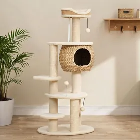 Meilleurs prix pour Arbre à chat en panneaux de particules et peluche beige finish 60 x 48 x 132 cm 4 niveaux