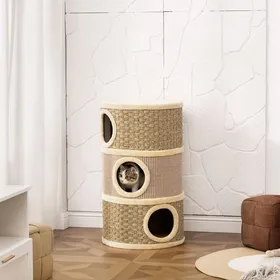 Meilleurs prix pour Arbre à chat tonneau à gratter en sisal naturel et herbiers marins recouvert de peluche tour à griffer 45 x 45 x 79 cm kaki café