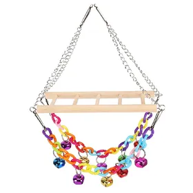 Meilleurs prix pour Animal de compagnie Petits Oiseaux Perroquet Acrylique Chaîne Échelle Pont Suspendu Balançoire Jouet à Mordre à Grimper avec Clochettes beige