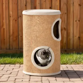 Meilleurs prix pour Arbre à chat tonneau 2 niveaux en sisal naturel et peluche Ø35 x 60 cm marron - Marron Panneau de particules 35 x 35 x 60 cm
