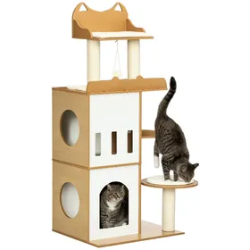 Meilleurs prix pour Arbre à chat design contemporain griffoir sisal naturel 2 niches plateformes jeu boule suspendue MDF blanc aspect hêtre clair