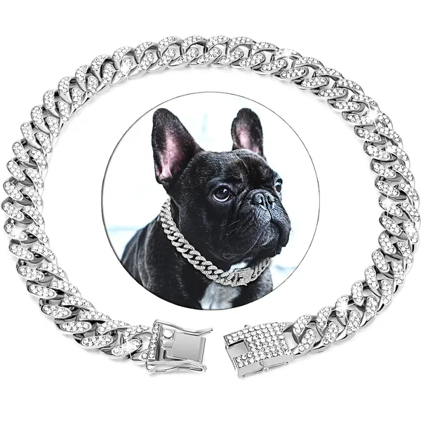 Collier pour chien et chat Chaîne cubaine Diamant Chaîne métallique pour la promenade avec design Boucle sécurisée Accessoires de bijouterie Collier cubain 50cm-20inch – photo 3