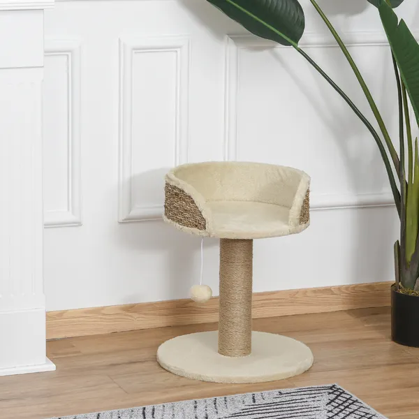 Arbre à chat griffoir 2 niveaux H. 49 cm - poteau sisal, plateforme observation, jeu de boule suspendue - jute polyester beige – photo 2