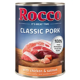 Comparer les prix de Lot Rocco Classic Pork 24 x 400 g pour chien poulet, saumon