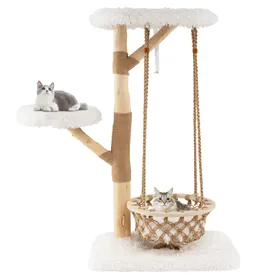 Comparer les prix de CostwayArbre à Chat avec Balançoire Hamac Branches en Bois Véritable Poteaux à Gratter en Jute 2 Perchoirs Plateforme Centre d'Activité Blanc