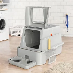 Meilleurs prix pour Bac à litière couvert 80 L en acier inoxydable avec couvercle rabattable tiroir - Gris clair Acier inoxydable ABS 63 x 43 x 43