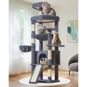 Comparer les prix de Arbre à chat XXL - LEVYS - 183 cm - Gris fumée - Condos spacieux - 5 griffoirs - Plateformes extra-larges
