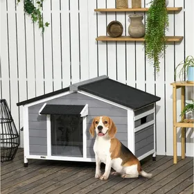 Comparer les prix de Niche pour Chien Toit Ouvrant et Rideau de Porte - ELVMI - en Bois Résistante aux Intempéries Gris 109 × 79 × 72 cm