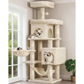 Comparer les prix de Arbre à chat multi-étagé - LEVYS - 145 cm de hauteur - Deux grandes plateformes - Grande hâmatte - Panier à chat - Beige