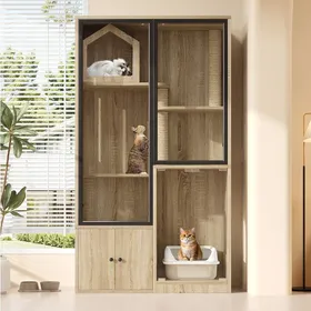 Comparer les prix de Meuble pour chat avec verre trempé niche étagères griffoirs et rangement - ELVMI - Bois naturel 90×50×160 cm