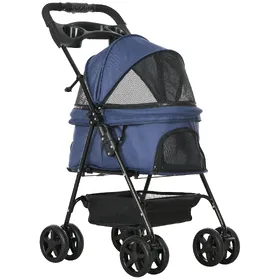 Comparer les prix de PawHut Poussette buggy pliable chien chat panier rangement porte-gobelets tissu 300D Oxford imperméable 4 roues bleu foncé