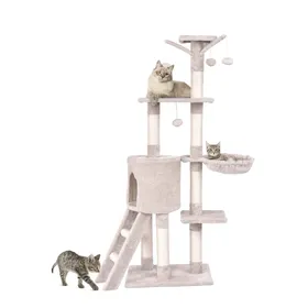 Meilleurs prix pour CostwayArbre à Chat de 140cm Multi-Niveaux avec Griffoirs en Sisal Condo Panier et Perchoir Echelle Bâton à Pompon Balles Suspendues Beige