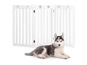 Comparer les prix de COSTWAY Barrière Autoportante pour Chien 3 Panneaux en Bois Charnières Métalliques à 360° sans Perçage pour Maison Escaliers Blanc
