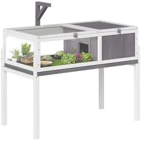 Comparer les prix de Maison pour tortues - PawHut - 2 espaces support de lampe toit ouvrable et plateau coulissant - bois - 104 x 53 x 82 cm - gris