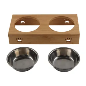 Comparer les prix de Bol double pour animaux de compagnie en bambou dessin animé anti-dérapant facile à nettoyer table pour animaux de compagnie avec bols en céramique et S brown