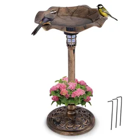 Comparer les prix de COSTWAY Mangeoire à Oiseaux sur Piédestal Extérieur Lumières Solaires LED Bol en Feuille de Lotus et Jardinière Bronze antique