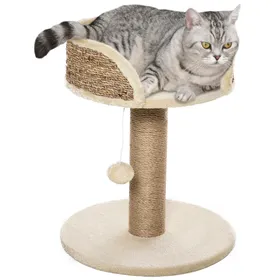 Meilleurs prix pour Arbre à chat griffoir 2 niveaux H. 49 cm - poteau sisal, plateforme observation, jeu de boule suspendue - jute polyester beige