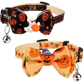 Comparer les prix de Lot de 2 colliers dHalloween pour animaux de compagnie avec nœud papillon citrouille et fantôme et clochette pour chats et chiots