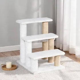 Meilleurs prix pour Plateforme arbre à chat 3 niveaux en bois avec griffoirs jute et balle blanc classique 45 x 40 x 48 cm