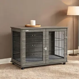 Comparer les prix de Meuble cage pour chien avec coussin déhoussable 100 x 60 x 73 5 cm en panneau de - Gris Panneau de particules 100 x 60 x 73.5 cm